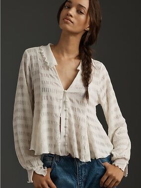 Anthropologie Ivory Button-Front Textured Peasant Blouse